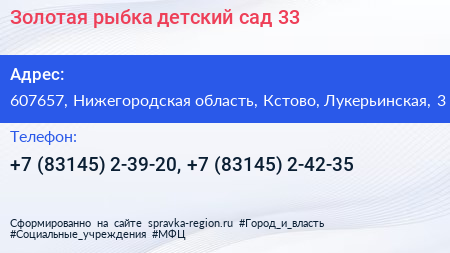 Золотая рыбка детский сад 33 - визитка
