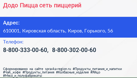 Додо Пицца сеть пиццерий - визитка