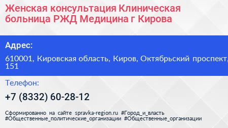 Женская консультация Клиническая больница РЖД Медицина г Кирова - визитка