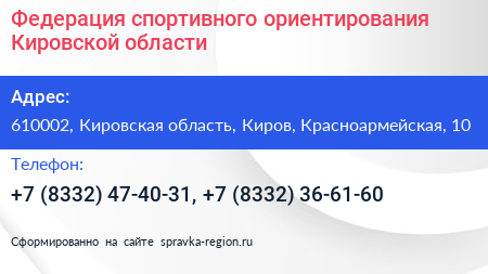 Федерация спортивного ориентирования Кировской области - визитка