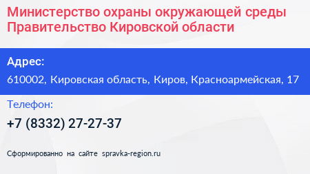 Министерство охраны окружающей среды Правительство Кировской области - визитка