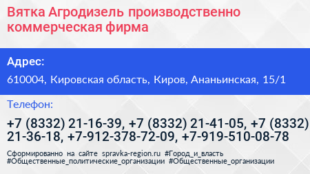 Вятка Агродизель производственно коммерческая фирма - визитка