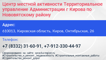 Центр местной активности Территориальное управление Администрации г Кирова по Нововятскому району - визитка