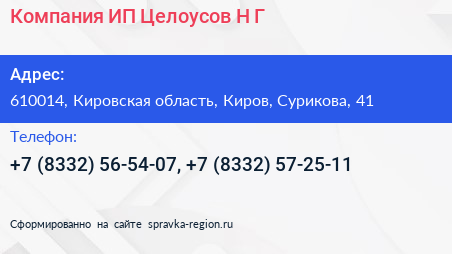 Нажмите, чтобы скачать визитку Компания ИП Целоусов Н Г - визитка