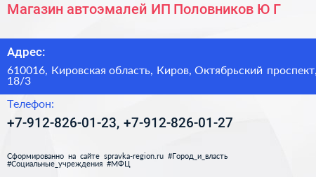 Магазин автоэмалей ИП Половников Ю Г  - визитка