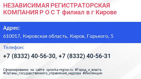 НЕЗАВИСИМАЯ РЕГИСТРАТОРСКАЯ КОМПАНИЯ Р О С Т филиал в г Кирове - визитка