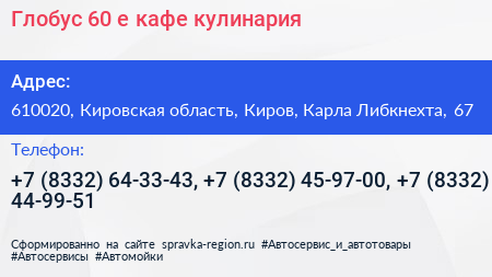Глобус 60 е кафе кулинария - визитка