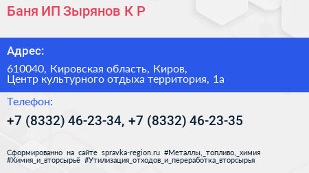 Баня ИП Зырянов К Р  - визитка