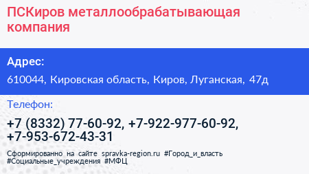 ПСКиров металлообрабатывающая компания - визитка