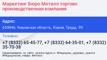 Маркетинг Бюро Металл торгово производственная компания - визитка