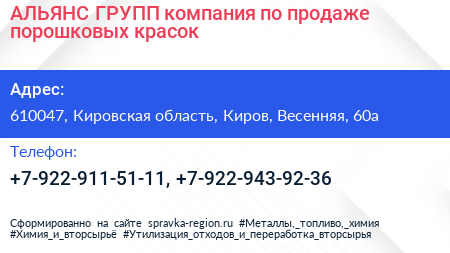 АЛЬЯНС ГРУПП компания по продаже порошковых красок - визитка