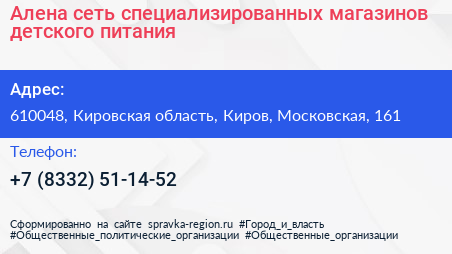 Алена сеть специализированных магазинов детского питания - визитка