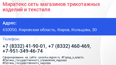 Миратекс сеть магазинов трикотажных изделий и текстиля - визитка