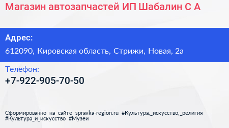 Магазин автозапчастей ИП Шабалин С А  - визитка
