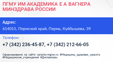 ПГМУ ИМ АКАДЕМИКА Е А ВАГНЕРА МИНЗДРАВА РОССИИ - визитка