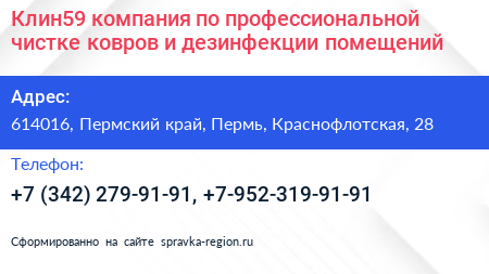 Клин59 компания по профессиональной чистке ковров и дезинфекции помещений - визитка