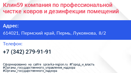 Клин59 компания по профессиональной чистке ковров и дезинфекции помещений - визитка