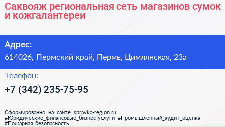 Саквояж региональная сеть магазинов сумок и кожгалантереи - визитка