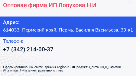 Оптовая фирма ИП Лопухова Н И  - визитка