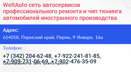 WeltAuto сеть автосервисов профессионального ремонта и чип тюнинга автомобилей иностранного производства - визитка