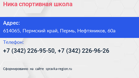 Ника спортивная школа - визитка