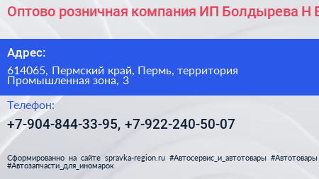 Оптово розничная компания ИП Болдырева Н В  - визитка
