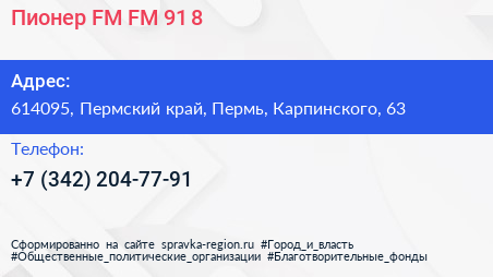 Пионер FM FM 91 8 - визитка