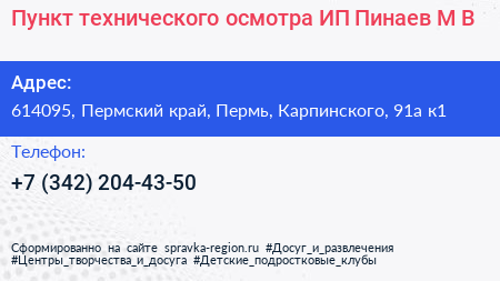 Пункт технического осмотра ИП Пинаев М В  - визитка