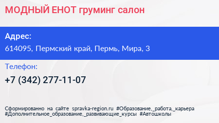 МОДНЫЙ ЕНОТ груминг салон - визитка