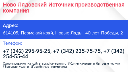 Ново Лядовский Источник производственная компания - визитка