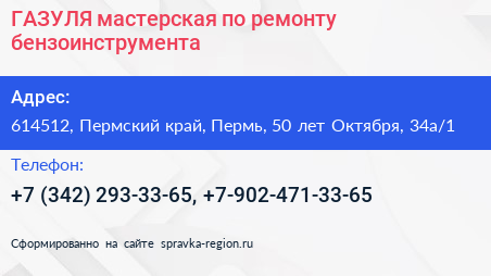ГАЗУЛЯ мастерская по ремонту бензоинструмента - визитка