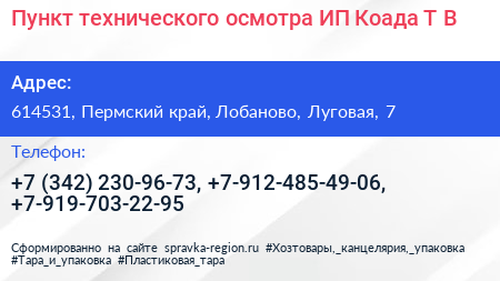 Пункт технического осмотра ИП Коада Т В  - визитка