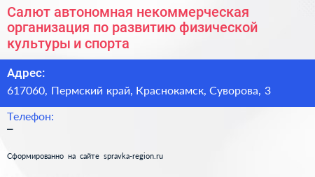 Салют автономная некоммерческая организация по развитию физической культуры и спорта - визитка
