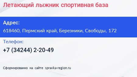 Летающий лыжник спортивная база - визитка