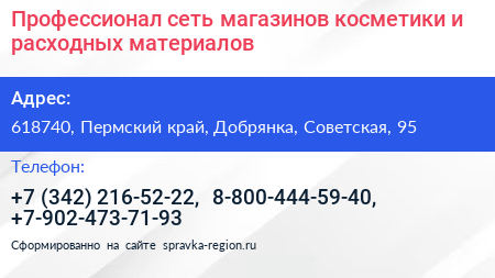 Профессионал сеть магазинов косметики и расходных материалов - визитка