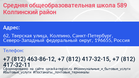 Средняя общеобразовательная школа 589 Колпинский район - визитка