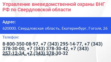 Управление вневедомственной охраны ВНГ РФ по Свердловской области - визитка
