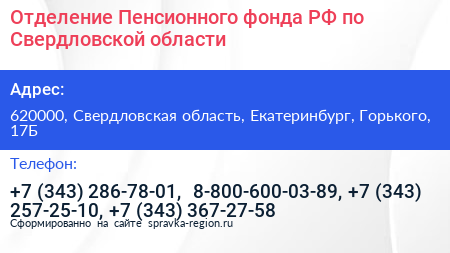 Отделение Пенсионного фонда РФ по Свердловской области - визитка
