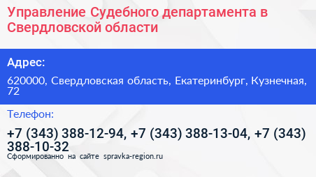 Управление Судебного департамента в Свердловской области - визитка