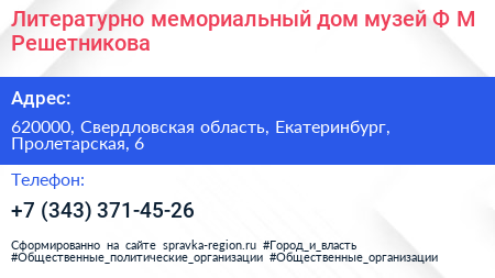 Литературно мемориальный дом музей Ф М Решетникова - визитка