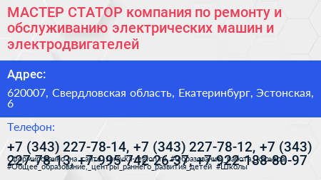 МАСТЕР СТАТОР компания по ремонту и обслуживанию электрических машин и электродвигателей - визитка