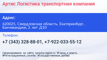 Артис Логистика транспортная компания - визитка