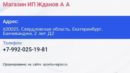 Магазин ИП Жданов А А  - визитка