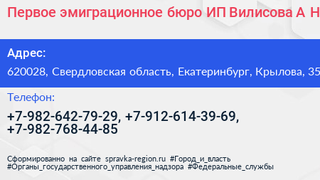 Первое эмиграционное бюро ИП Вилисова А Н  - визитка