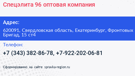 Спецэлита 96 оптовая компания - визитка