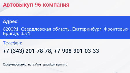 Автовыкуп 96 компания - визитка