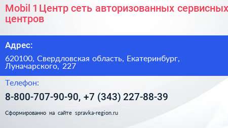 Mobil 1 Центр сеть авторизованных сервисных центров - визитка