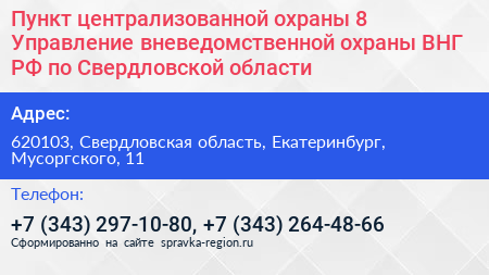 Пункт централизованной охраны 8 Управление вневедомственной охраны ВНГ РФ по Свердловской области - визитка