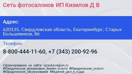 Сеть фотосалонов ИП Кизилов Д В  - визитка