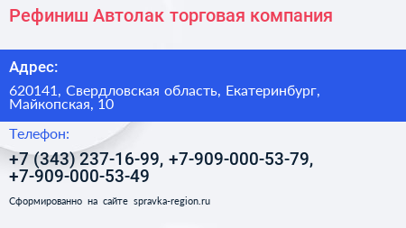 Рефиниш Автолак торговая компания - визитка